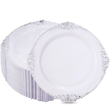 OFFSITE Hioasis 100pcs Silver Plastic Plates & White with Silver Disposable