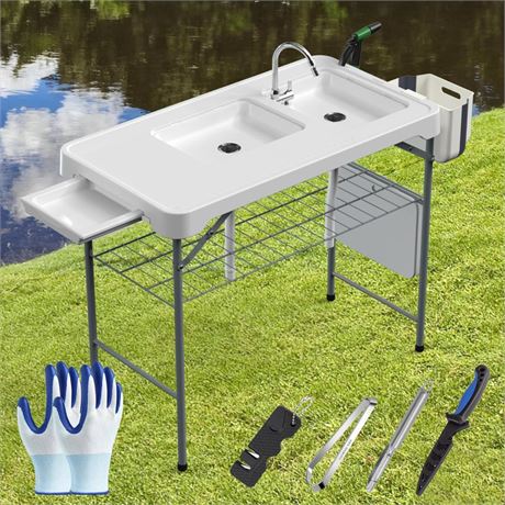 Fish Cleaning Table with Sink 42.6" Width Portable Folding Camping Table with
