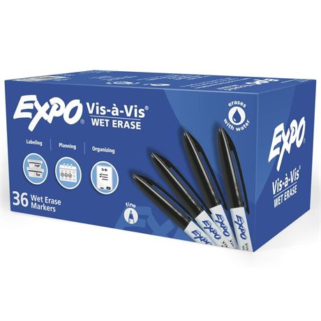 EXPO Vis-a-Vis Wet Erase Markers, Fine Point, Black, 36 Count 1 Count (Pack of