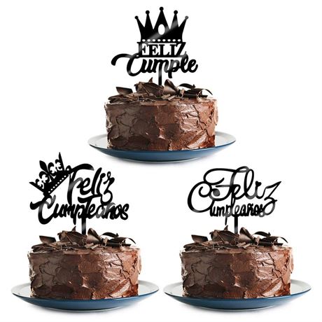 3Pcs Happy birthday black cake topper Feliz cumpleaños a ti topper happy