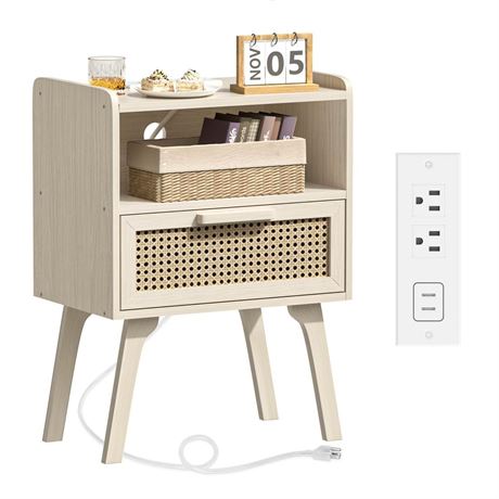 Lerliuo Rattan Nightstand with Charging Station, Side Table with Drawer Open