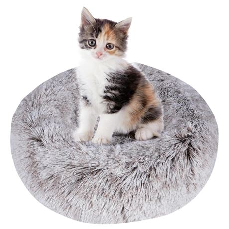 Calming Cat Bed,Indoor Washable Donut Dog Bed with Fluffy Faux Fur Plush, Round