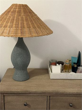 Crate & Barrel Courbe Green Ceramic Table Lamp with Rattan Shade by Athena