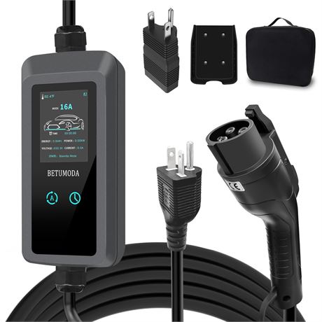 Level 1 EV Charger, 25ft Cable, 16Amp, 110V–240V, Adjustable Current&Timer,