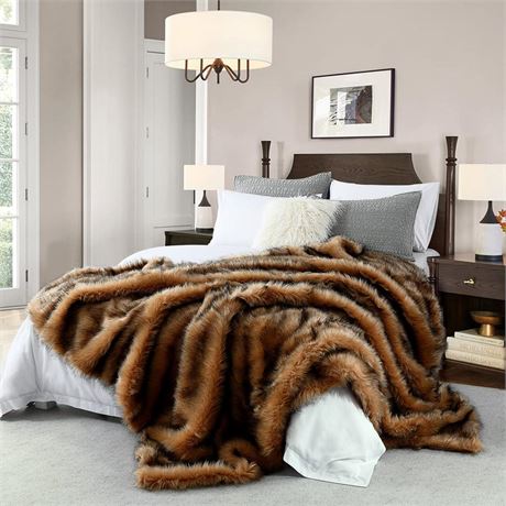 Luxury Plush Faux Fur Blanket Queen Size, Long Pile Brown with Black Tips