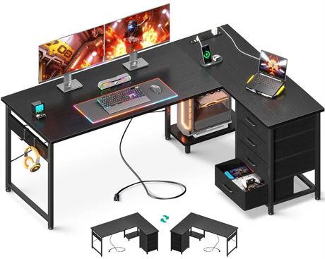 AODK L Shaped Desk with 4 Tier Drawers, 61" Reversible Gaming Desk with Power