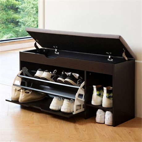 Netstar 3-Tier Entryway Bench with Cushion, Shoe Rack Bench with Flip Drawer,