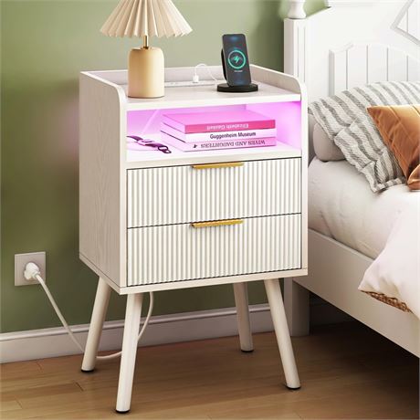 Fixwal White Fluted Nightstand with Charging Station, LED Night Stand with 2