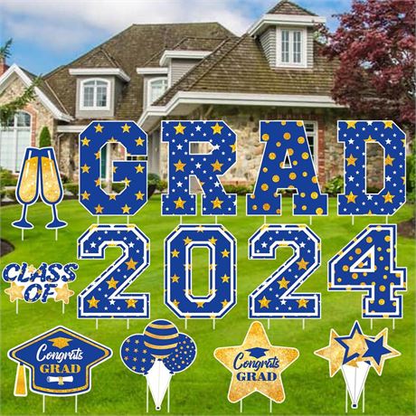 14 PCS Blue and Gold 2024 Graduation Decorations 16 Inch Class of 2024