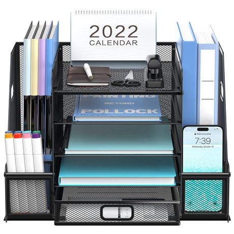 SUPEASY Mesh Desk Organizer with File Holder, 5-Tier Paper Letter Tray