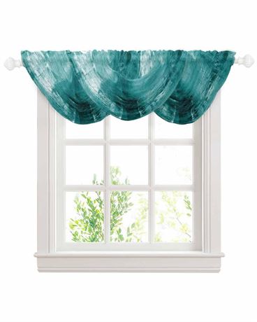 Turquoise Waterfall Valance Curtains for Window, Rustic Teal Ombre Sheer