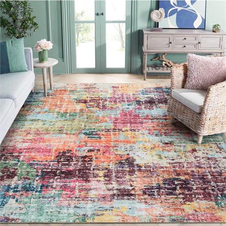 Abstract Machine Washable Area Rug, Modern Washable 8 x 10 Area Rugs for Living