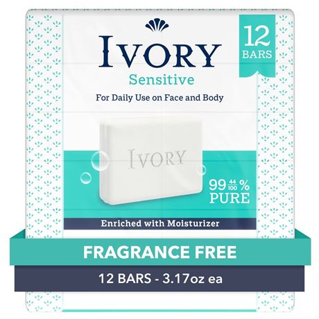Ivory Sensitive Bar Soap, Fragrance Free 3.17 oz (12 count)