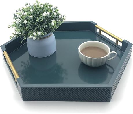 Serving Tray with Polished Metal Handles, Hexagon Coffee Table Tray, Modern