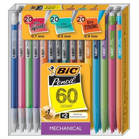 60 Pack BIC #2 Mechanical Pencil Bulk Variety Pack  (0.5mm  0.7mm  0.9mm)