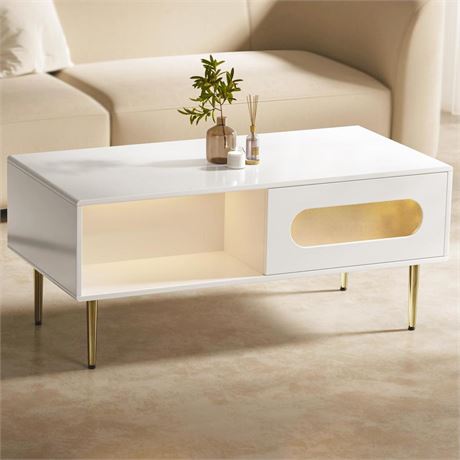 Coffee Table for Living Room 40.6inch LED Coffee Table Small White Coffee Table