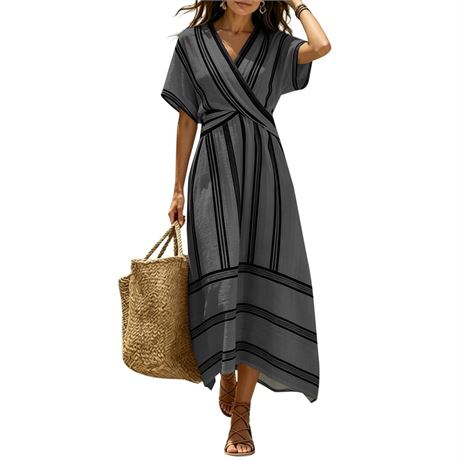 Summer Striped Dress for Women V Neck Short Sleeve Boho Maxi Dresses Casual