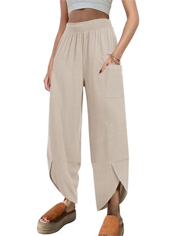 Caracilia Women Casual Linen High Waisted Wide Leg Baggy Palazzo Capri Pants