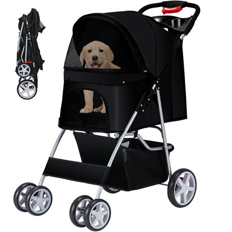 Pet Stroller 4 Wheels Dog Cat Stroller for Medium Small Dogs Cats, Folding Cat