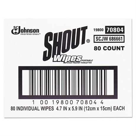 Shout 686661 Wipe & Go Instant Stain Remover, 4.7 x 5.9, 80 Packets/Carton