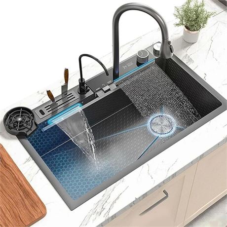 Black Kitchen Sink Twin Waterfall Kitchen Sink 31.5" Stainless Steel Single