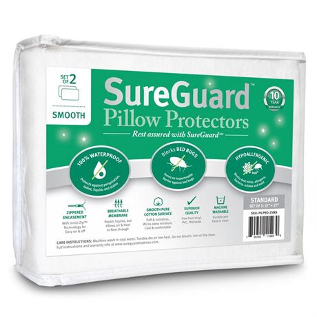 Set of 2 Standard Size SureGuard Pillow Protectors - 100% Waterproof, Bed Bug