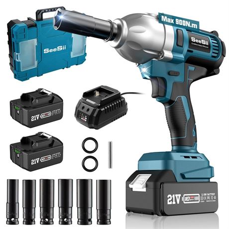 Seesii Cordless Electric Impact Wrench 1/2 inch for Car Home, 665Ft-lbs(900N.m)