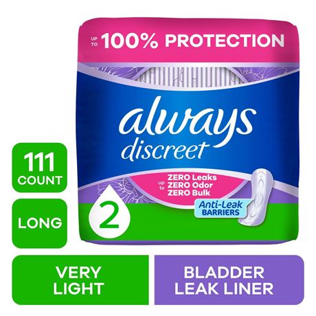 Always Discreet Incontinence Panty Liners for Bladder Leaks, Size 2, Very Light
