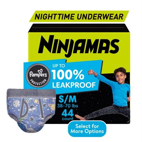 Pampers Ninjamas Boys Bedwetting Nighttime Underwear, Size S/M (37-90 lbs), 44