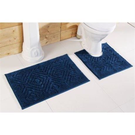 OFFSITE Trier Collection 2-Piece New Blue 100% Cotton Diamond Pattern Bath Rug