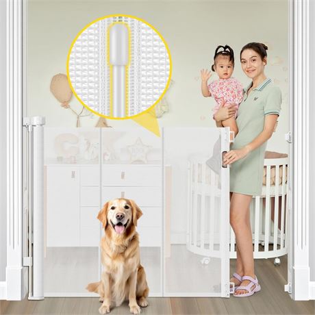 Reinforced 42” Extra Tall Retractable Dog Gate for Doorways 60” Wide Mesh Baby