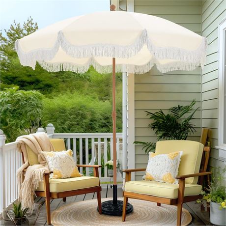 PHI VILLA 7ft Patio Umbrellas with Fringe, Outdoor Tilt Beach Umbrella Portable