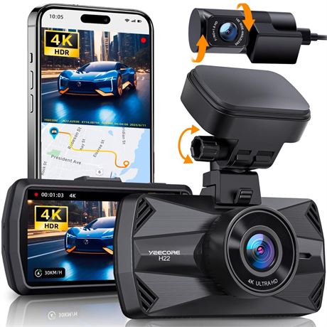 Dual Dash Cam, Real 4K+1080P Front and Rear Dash Camera, Built-in WiFi GPS, 3"