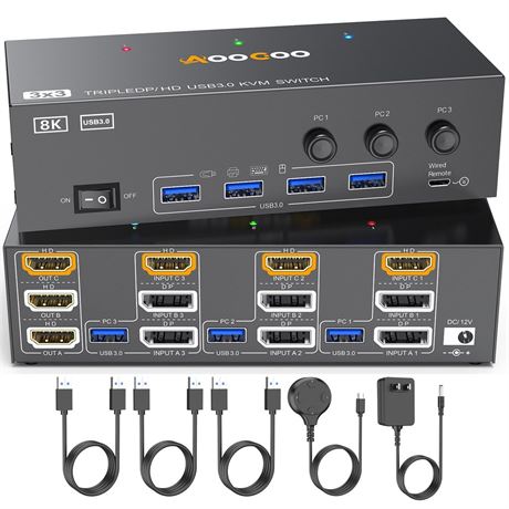 8K HDMI DP KVM Switch 3 Monitors 3 Computers, 8K@60Hz/4K@144Hz Triple Monitor