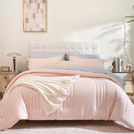 Smoofy Full Size Comforter Set 7 Pieces, Pink Comforter Full Size with Vertical