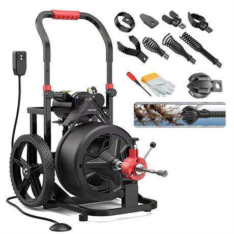 100 ft x 1/2 inch POPULO Auto Feed Electric Drain Snake Auger for 2 to 4 Inch