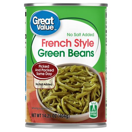 Great Value French Style Green Beans, No Salt Added, Gluten-Free, 14.25 oz