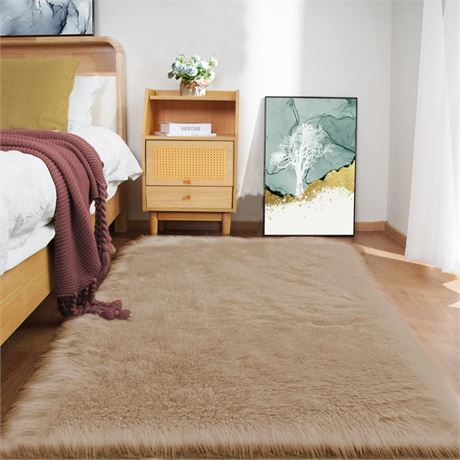 Beige Carpet Area Rug 5x6 Rug Faux Sheepskin Fur Rug Fluffy Shag Rug Washable