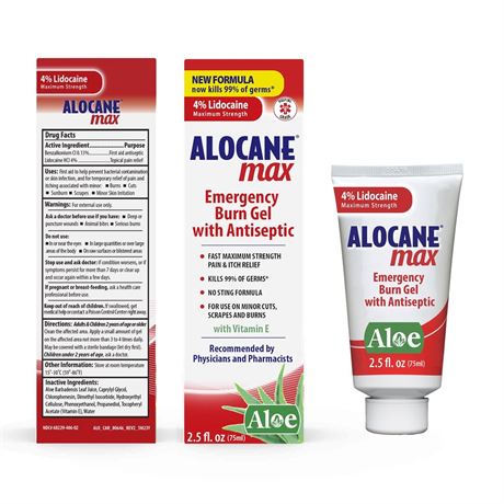 ALOCANE Max Maximum Strength Burn Gel with Antiseptic, 4% Lidocaine, Fast Pain