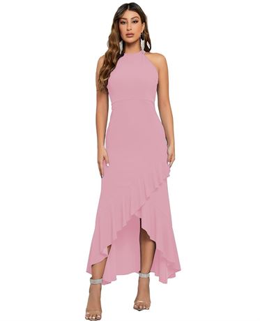 Women Halter Neck Ruffle Split Cocktail Formal Long Sleevesless Dress Bodycon