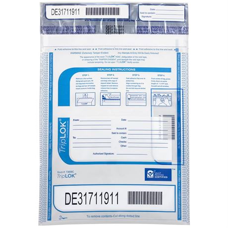 ControlTek TripLok 9" x 12", Clear, 100 Bags, Tamper-Evident Deposit Bags for