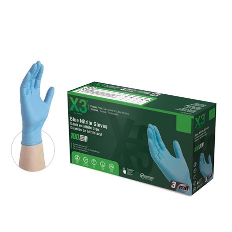 X3 Blue Nitrile Disposable Industrial Gloves, 3 Mil, Latex/Powder-Free,