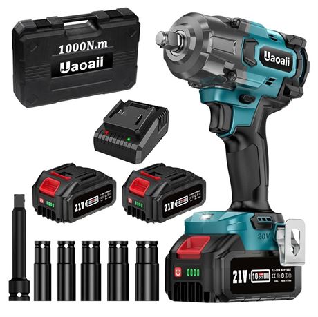 1000Nm(738ft-lbs) Cordless Impact Wrench High Torque, 1/2 Battery Impact Gun w/