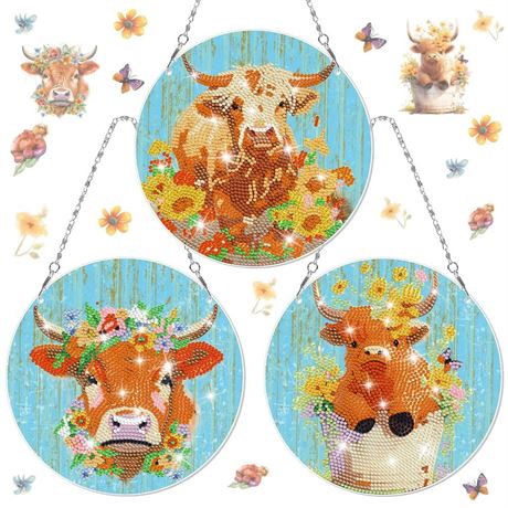 Funnymoom 3 Pcs Highland Cow Diamond Painting Kits Diamond Painting Welcome