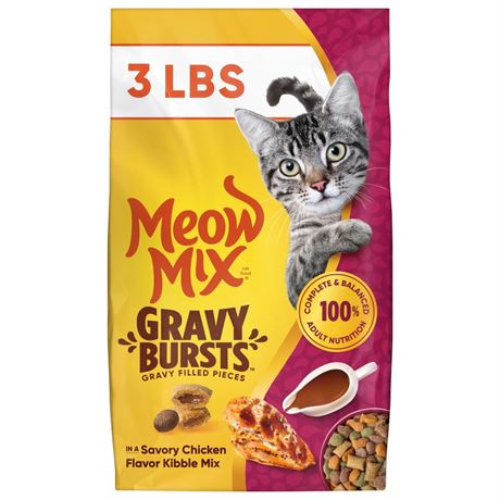Meow Mix Gravy Bursts, Savory Chicken Flavor Mix, Gravy Filled Dry Cat Food, 3