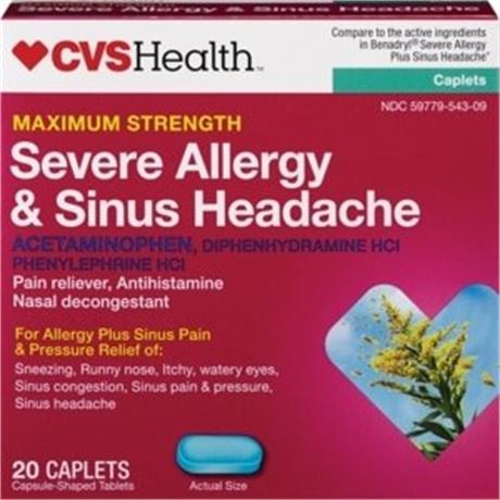CVS Maximum Strength Severe Allergy & Sinus Headache Acetaminophen Tablets, 20