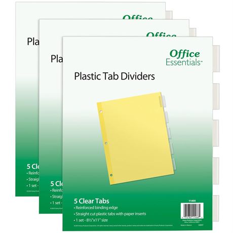 Office Essentials 5 Tab Insertable Dividers for 3 Ring Binders, Clear Tabs, 3