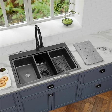 MILOSEN Black Stainless Steel Kitchen Sinks, 32''×20'' Drop-in Kitchen Sink