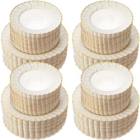 Mifoci Ivory Plastic Plates with Gold Rim Heavy Duty Disposable Plates Includes