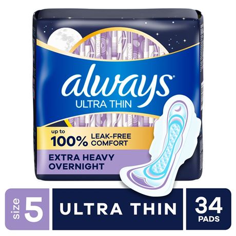 Always Ultra Thin Overnight Pads with Wings, Size 5, Extra Heavy Overnight, 34